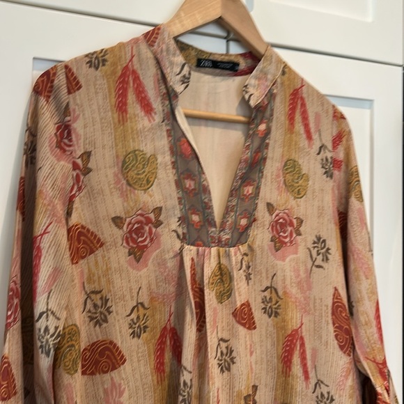 Zara Woman Bohemian Floral Mini Dress 3/4 Bell Sleeve Tunic Style Size M - Picture 4 of 14